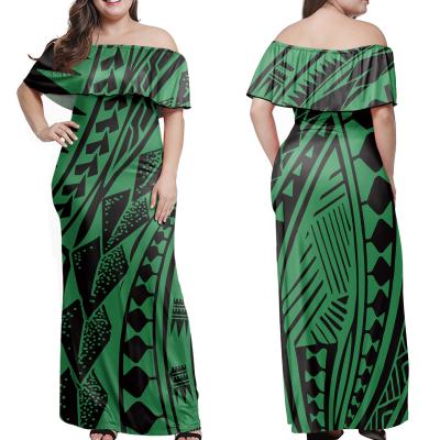 China Factory Stripe Plumeria Elegant Women Polynesian Tribal Dresses Anti-Static Ruffle Bodycon Long Dress Off Shoulder Women Dresses Casual for sale