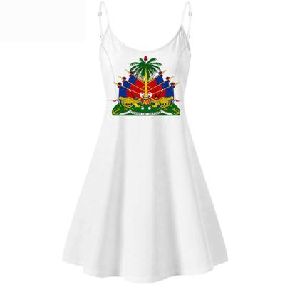 China Summer Girls Casual Dresses Floral V-Neck Slip Loungewear Haiti Flag Print Viable White Women's Western Casual Dresses for sale