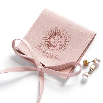 China No Divider and Logo Comfortable Feeling Pink Custom Microfiber Strings Wrap Jewelery Bag Jewelry Packaging Pouch for sale