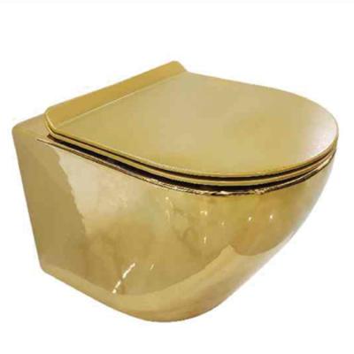 China Hidden Luxury Gold Plated Ceramic Toilet Bowl Sanitary Tank Bathroom Ware Gold Wall Hung WC Toilet for sale