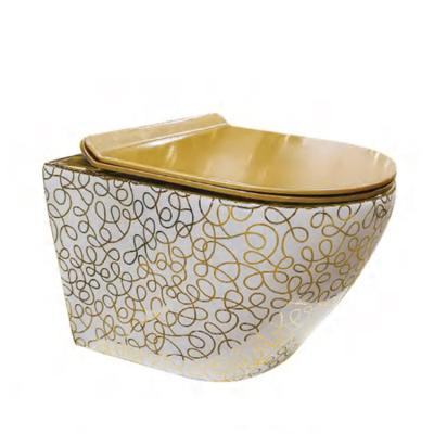 China Modern bathroom closestool p trap ceramic human cistern hidden style gold plated wall mounted toilet for sale