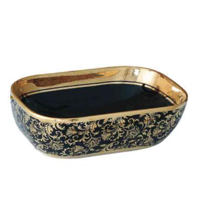 China Wholesale Easy Clean Ceramic Sink Counter Top Toilet Hand Wash Basin Black And Gold Color For Bathroom for sale