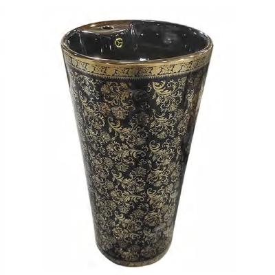 China Modern luxury antique cylindrical black and gold color porcelain bathroom pedestal sink for sale