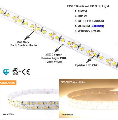 China Flexible Hotel 2835 LED Strip Light 120leds/m with High Lumen 14W/M 12V and 24V LED Strip Light for sale