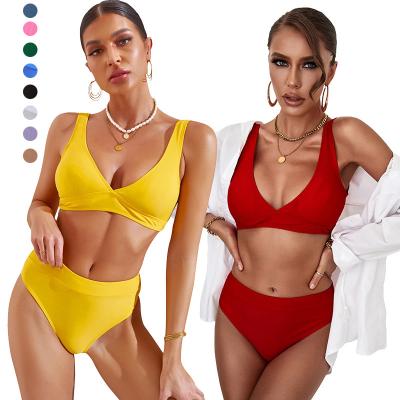 China Custom Logo Solid Color Summer Two Piece Rib Knit Sexy Women Swimwear Breathable Bikini Set for sale