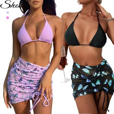 China Breathable Designer Swimwear Halter Triangle 3 Piece Bikini Set Cover Up Beach Dress 2022 for sale