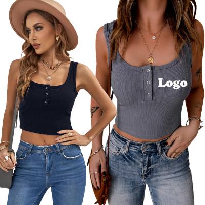 China Sustainable Custom Logo Solid Color Tight Button Sleeveless Rib Knit Summer Basic Crop Top Women for sale