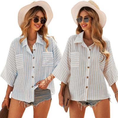 China Anti-pilling New Design Summer Plain Striped Short Sleeve Button Women Blouses & Shirts Casual for sale