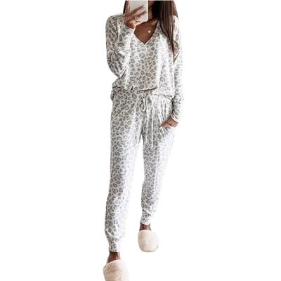 China Hot Sale Women's Breathable Winter Drawstring Leopard V-Neck Long Sleeve Home Sleepwear Sets Ladies for sale