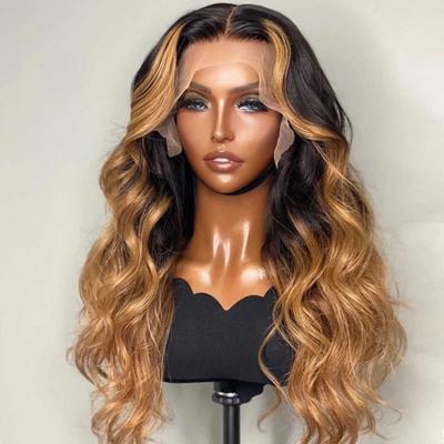 China Pre Plucked Deep Curly Blonde Hair Front Wig Piano Color Honey Transparent 13x4 Lace Brown Wig Wholesale Body Wave Highlight Wig for sale