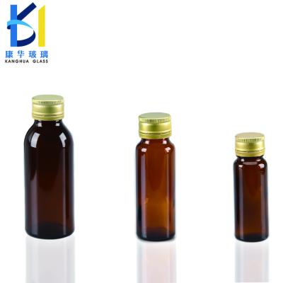 China 30ml 50ml 100ml Pharma Pharmaceutical Oral Liquid Glass Amber Round Bottle With Aluminum Cap For Medicine Liquid Syrup for sale