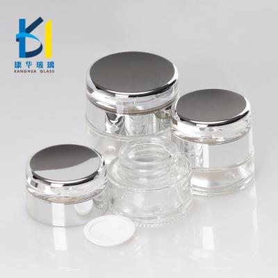 China Luxury Silver Cap Recyclable Material Cosmetic Packaging 20g 30g 50g Cream Clear Glass Jar for sale