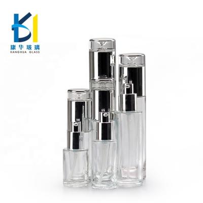 China Recycable Glass Small Cosmetic Bottle Transparent Travel Portable Latex Bottle With Silver Lid 30ml40ml for sale