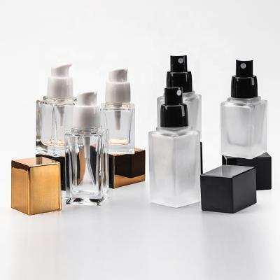 China Personal Care 30ml 30ml Square Foundation Lotion Clear Glass Cosmetic Bottle For Skin Care 20ml for sale