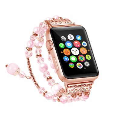 China Pearl Unisex Luxury Jewelry Elastic Bracelet For Se 5 Apple Watch Band Series 6 4 3 2 1 Wrist Strap For iWatch Women Bling Watch Bands for sale