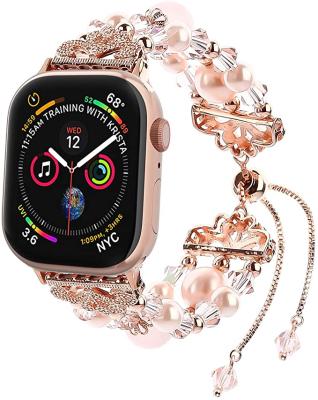 China Factory Unisex Crystal Pearl Beaded Bracelet Watch Strap Elastic Price Band For Apple Watch Series 6 5 4 3 2 1 for sale