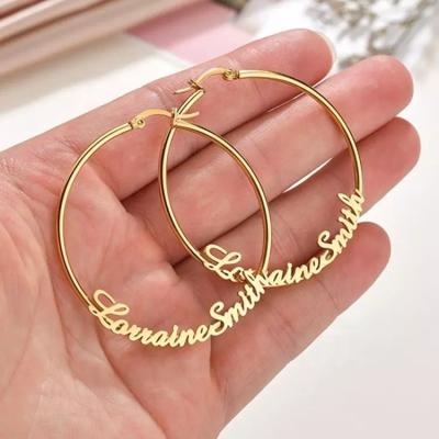 China Fashion Csmart Personalized Name Statement Circle Earrings 18K Gold Jewelry Punk Gift For Her Stainless Steel Nameplate Earring for sale