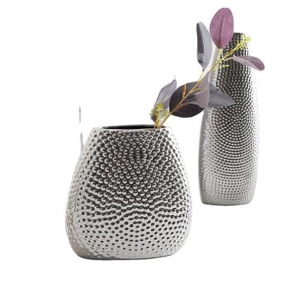 China Wholesale Nordic Modern 2-Piece Set Home Decor Silver Bead Plated Solid Design Ceramic Vases For Wedding Centerpiece for sale