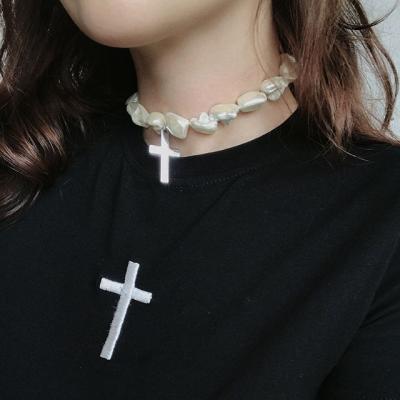 China 2020 Chunky Link Big Irregular Natural Fashionable European Freshwater Pearl Necklace Cross Choker Cross Pendant Necklace for sale