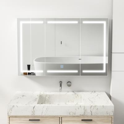 China Modern Super Large Storage Space Three Doors Bathroom Cabinet Touch Switch Medicine Cabinet LED Mirror Cabinet for sale