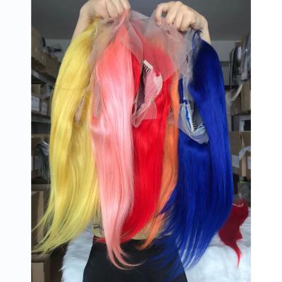 China Blue Orange Red Pink Yellow Wigs 180% Density Transparent Lace Hair Color High Quality Silky Straight Wig for sale