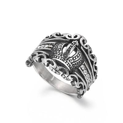 China Hand Polishing Crown Punk Zircon Hip Hop Ring Large Size Antique Silver Stainless Steel Plated Ring For Men for sale