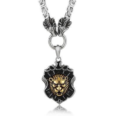 China Hiphop Vintage Style Gold Plated Men's Necklace Stainless Steel Animal Head Shield Lion Head Pendant Necklace for sale