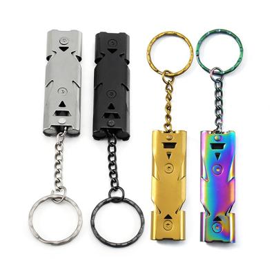 China Outdoor Camping Boosting Outdoor 150dB Portable High Decibel Displacement Key Chain Whistle Stainless Steel Double Pipe Emergency Survival Whistle for sale