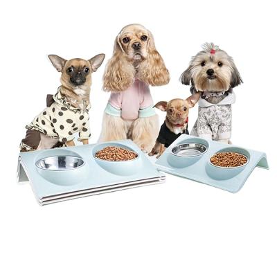 China Non-Slip Drip-Free Dog Cat Elevated Feeder Bowl Stainless Steel Sustainable Pet Double Bowl With Double Stainless Steel Bowls for sale