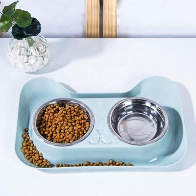 China New Design Sustainable Double Bowl Pet Feeder Stainless Steel Food Water Bowls No Puddle Pet Feeding Bowl for sale