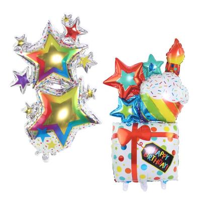 China Eco-friendly new design giant multicolor gift box cake foil star balloons for birthday party decorations for sale