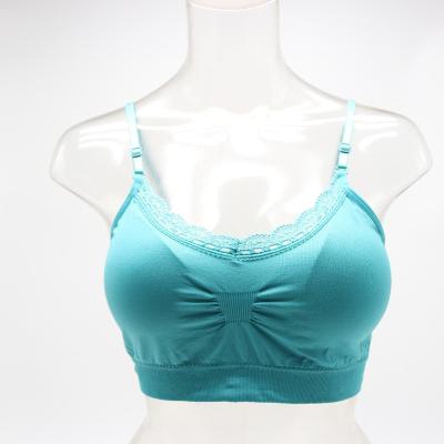 China Breathable Custom Feminine Lace Edge Trim Sexy Green Seamless Sports Lingerie Rimless Bra for sale