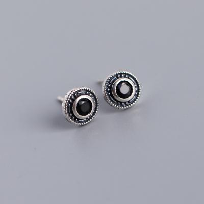 China Vintage TRENDY Jewelry 925 Sterling Silver Black Zircon Round Stud Earrings Minimalist For Women Daily Wear for sale