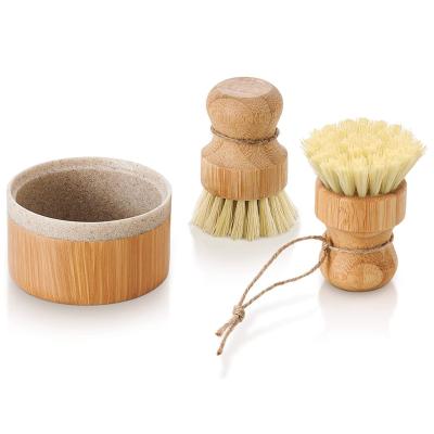 China Sustainable Bamboo Kitchen Use Function Interdental Cleaning Soap Dish Detergent Brush With Base for sale