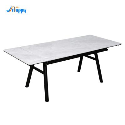 China Modern 850mm Width White Glass Extendable Table With Iron Base DT-1027 for sale