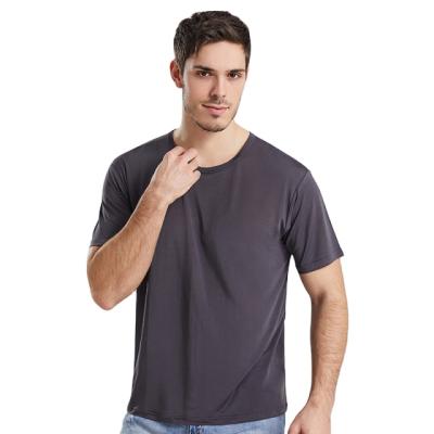 China Young Men's Silk Shirts 100% Breathable Silk Casual Loose Round Pure Color T-shirt Sweater Neck for sale