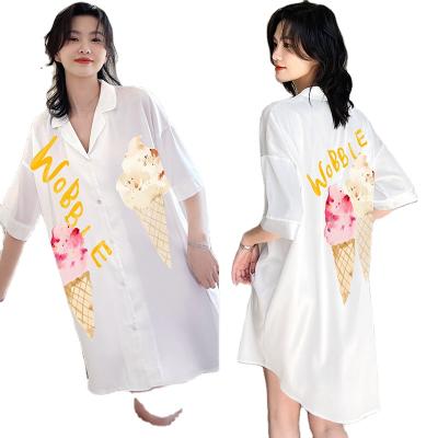 China Satin Chiffon Pajamas Ladies Summer V-neck Nightgown Wholesale Loose Breathable Oversized Robe Printed Cartoon Nightgown for sale