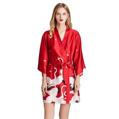 China Large Size Loose Print Ice Thermal Wholesale Silk Nightgown Satin Bathrobe Morning Homewear Robe for sale