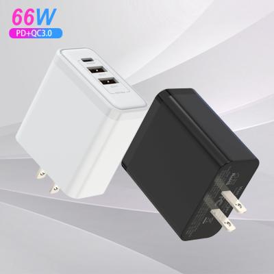 China Mobile Phone Customized Logo EU/UK/US/AU Plug 66W 2 USB+Type-C Fast Ports Charging QC 3.0 PD Multiport USB-C Mobile Phone Chargers for sale