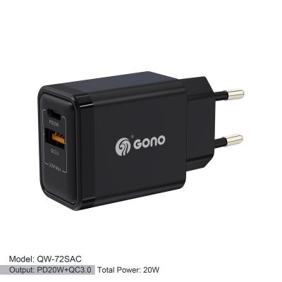 China A+C2 Ports Cell Phone EU Portable Mobiles Plug Type-C 20W PD QC3.0 USB Charger For Iphone Android Phones for sale