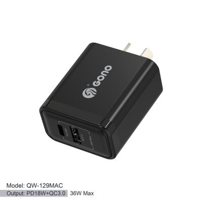 China Portable Fast Charging Mobile Phone 36W Mobile Phone Dual PD18w+USB QC3.0 Universal Ports USB Charger AU for sale