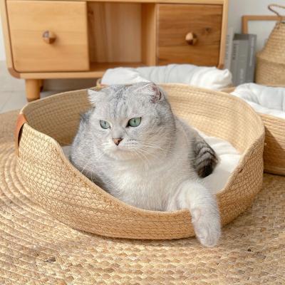 China Breathable Cute Cat Bed with Soft Cushion Cotton Rope Woven Basket Premium Nest with Pillow Pad for Cats and Dogs for sale