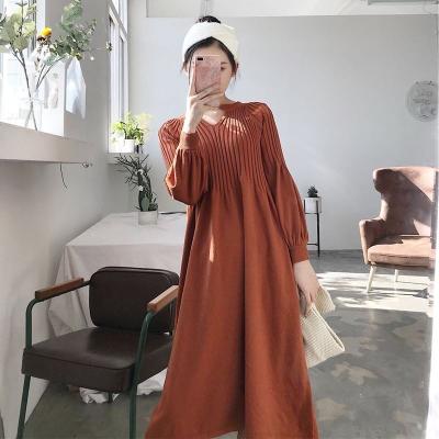 China Foreign trade large size retro long v-neck viable loose lantern sleeve Amazon new autumn and winter dress women's knit skirt for sale