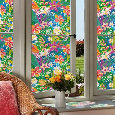 China Non Self Adhesive Tropical Green Plants No Electrostatic Glue Frosted Glass Film Bathroom Window Film Window Decal for sale