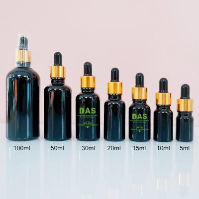 China Glass Bottle 5ml 10ml 15ml 20ml 30ml 50ml 100ml Cosmetic Black Gold Cosmetic Serum Face Hair Packing Skin Care Dropper Bottle for sale