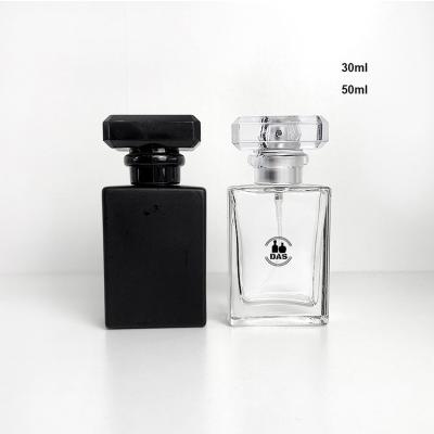 China Personal Care Supplier 30ml 50ml Black Square Clear Luxury Rectangle Mist Pump Spray Oil Glass Refillable Cosmetic Perfume Bottle With Lids for sale