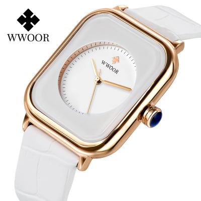 China Cheap Water Resistant WWOOR 8873 Women Brand Watches Hand Clock Square Fashion Quartz Ladies Leather Wristwatches Luxury Leather Wristwatches for sale