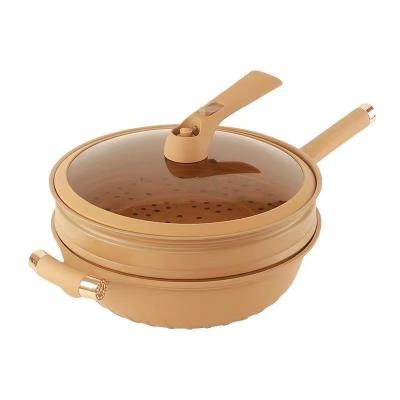 China Household 34cm Clay Frying Pan Non-Stick Coating Energy Saving Smokeless Cooking Wok With Steamer for sale