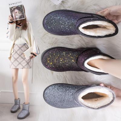 China Round Rhinestone Shining Trendy Shoes Slip On Plush Fashion Midi Ankle Boots Women's Winter Snow Boots for sale