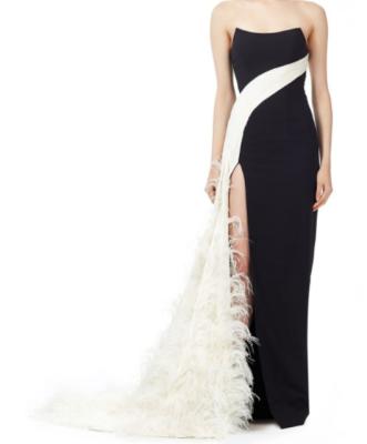 China 2022 Summer OEM Fashion Anti-static Ostrich Feather Embellished Side Draped Satin Trail Dress Dress for sale